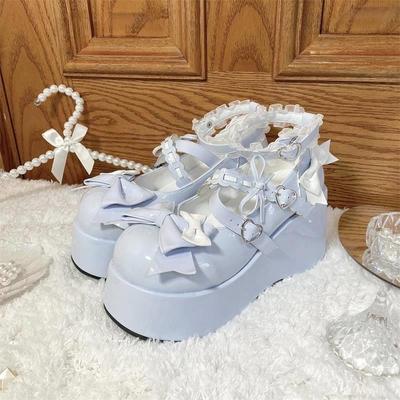 Kawaii Lace White Lolita Shoes Women Heart Buckle Platform Mary Janes Japanese Style Patent Leather Jk Shoes