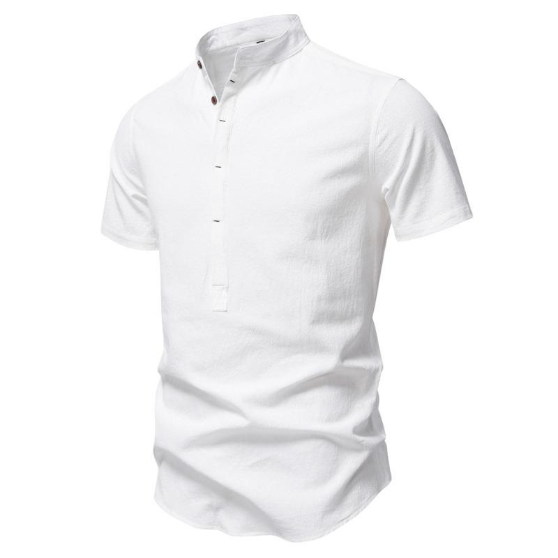 Men Short Sleeve Linen Blend Henley Shirt Stand Collar Casual White Summer Top S белый