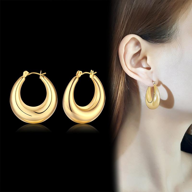 Vnox Women Chic Geometric Hoop Earrings,Gold Color Stainless Steel Big Round Ear Clip Jewelry,Anti Allergy Metal Party Accessory