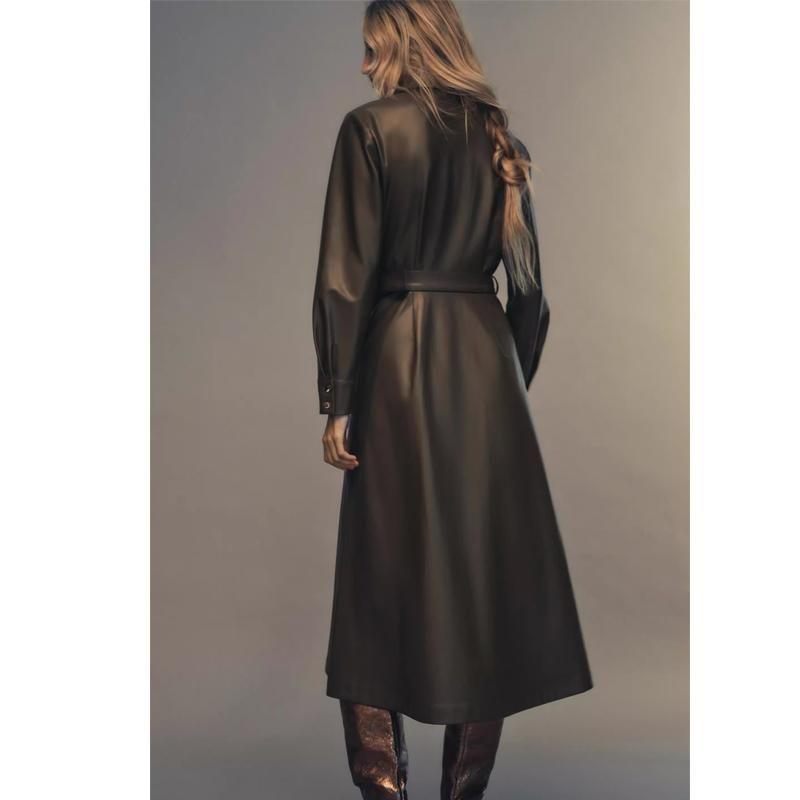 Fall and Winter New Women's Clothing Single-Breasted Faux Leather Shirt with Belt Lapel Long Sleeves Dress 8741283