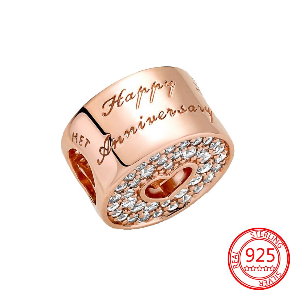 Authentic 925 Sterling Silver Rose Gold Round Cutout Pavé & Heart Anniversary Charm Fit Fashion Bracelet Jewelry Graduation Gift