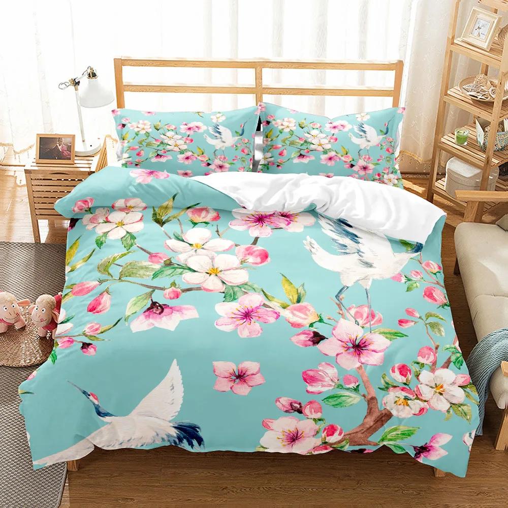 Flowers Parrot King Queen Duvet Cover Cartoon Birds Floral Bedding Set For Adults Animals Leaves 2/3Pcs Polyester Quilt Cover