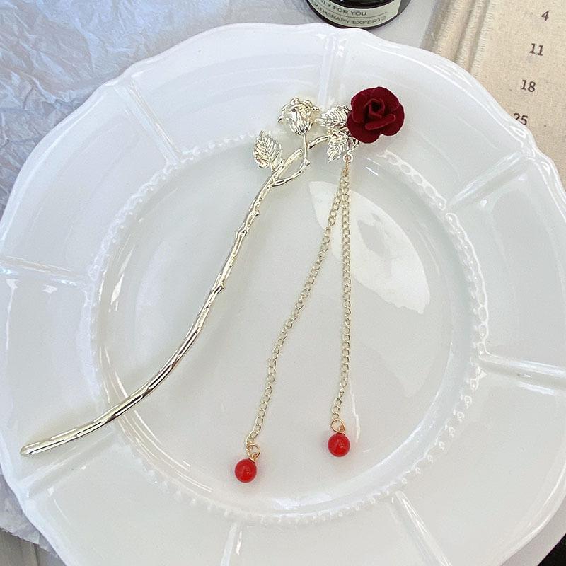 Vintage Rose Haar Sticks Hairwear Für Frauen Einfache Blume Rote Haarnadel Haar Zubehör Essstäbchen Scheibe Hairstick Kopfschmuck Schmuck