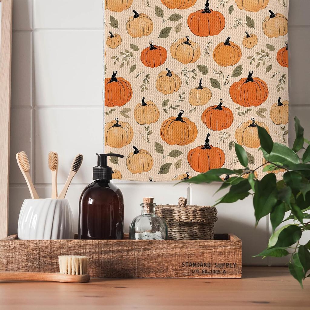 TNUW Vintage Fall Pumpkin Hand Towels, 16x24In, Thanksgiving & Harvest Decor, Botanical Pattern for Farmhouse Kitchen & Bathroom