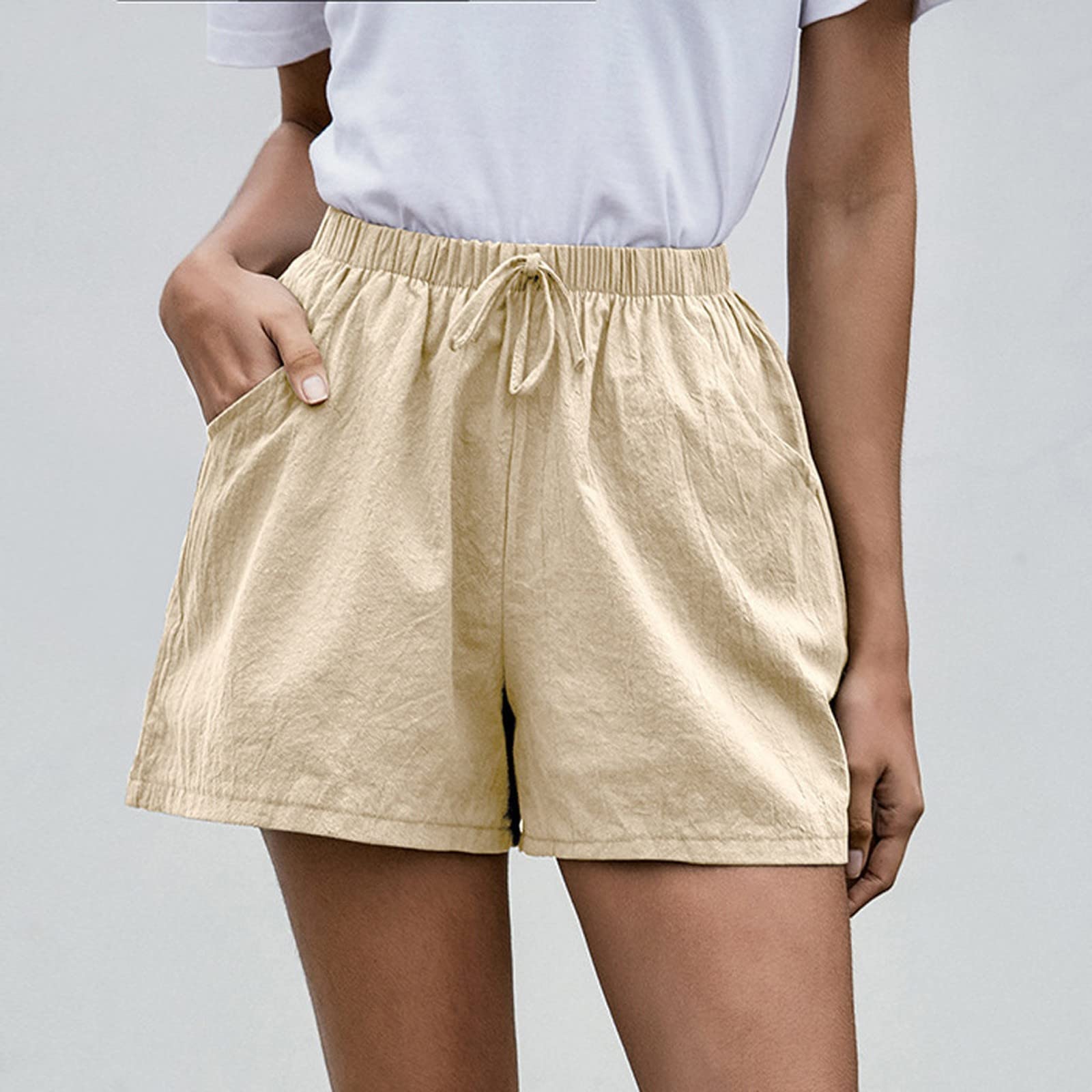 

Women s Fashionable Color Drawstring Elastic Waist Pocket Casual Loose Shorts M хакі