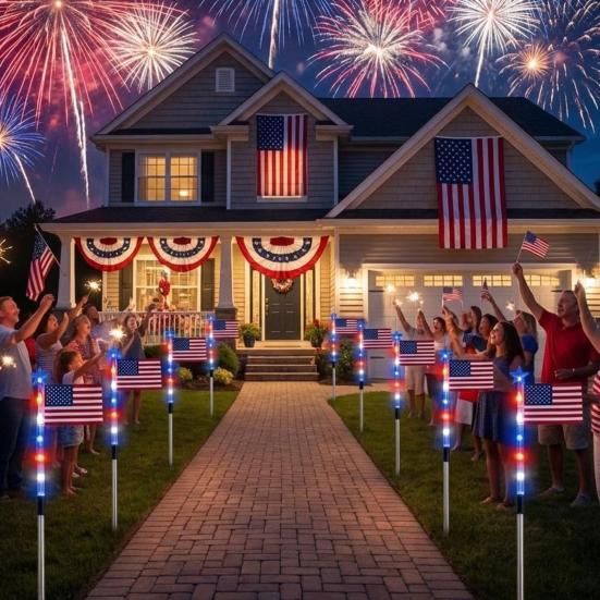 8Pcs Solar Stake Lights Waterproof Outdoor LED Pathway Lights with 8 Modes Red White Blue Solar Powered Garden Stakes Lights for Independence Day 4th