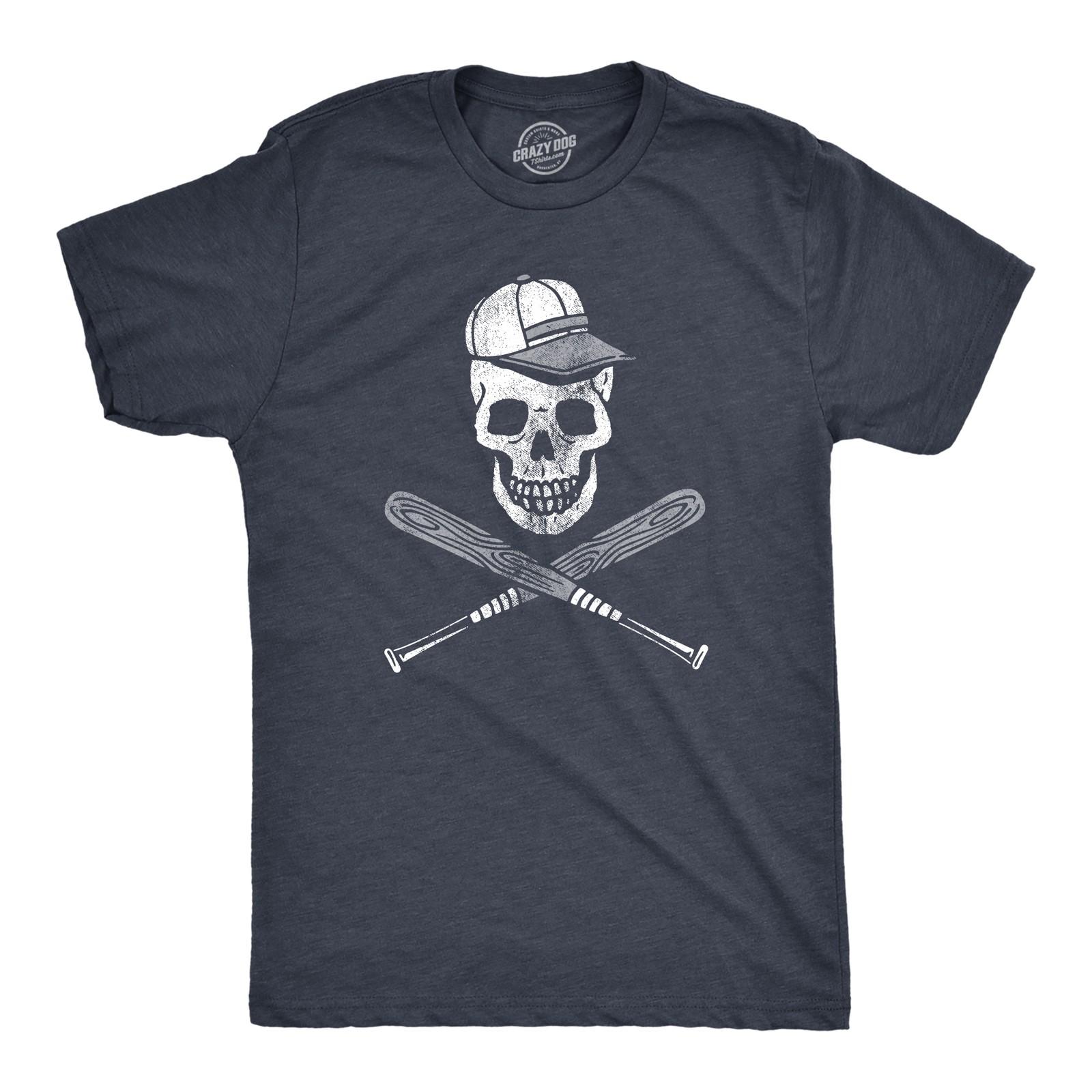 Mens Baseball Skull T Shirt Sports Fan Baseball Pirate Skull and Crossbones S