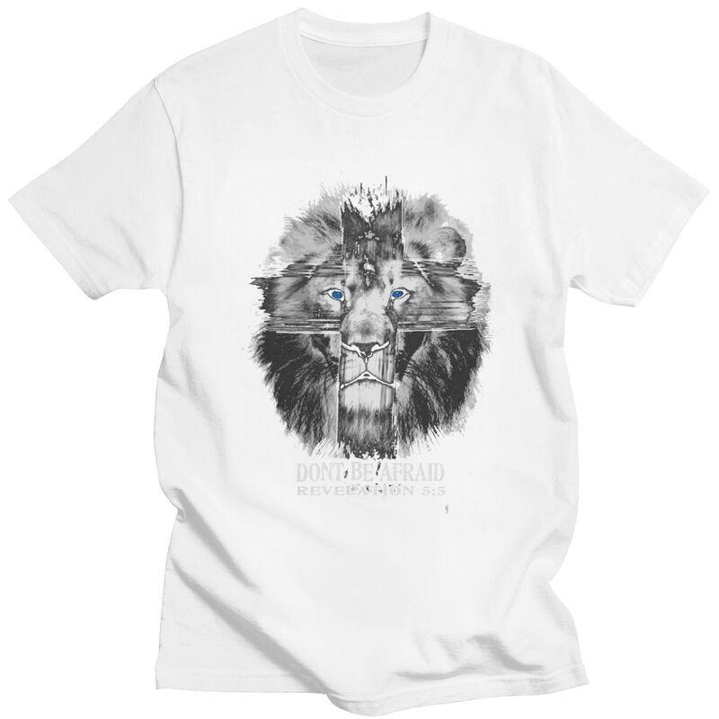 Custom Mens Cool Lion Of Judah Jesus Cross T Shirts Short Sleeves Cotton Tshirt Casual Christian Faith Tees Loose Fit Clothing