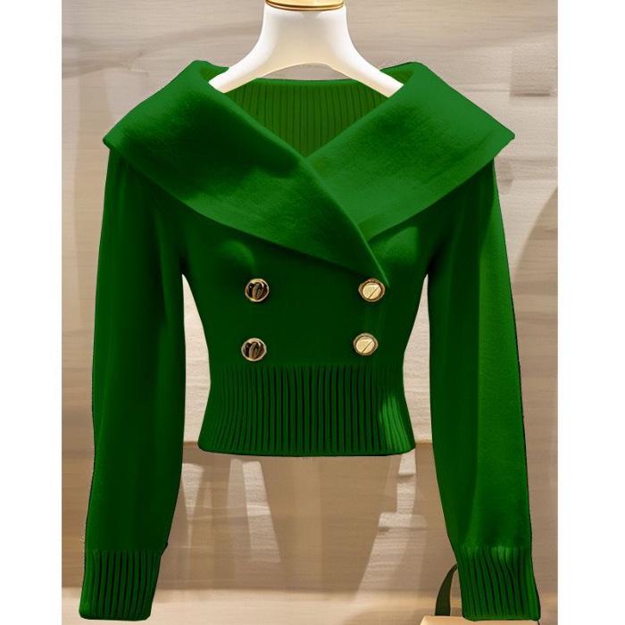 2026 Autumn/Winter French Chic White Lapel Knitwear: Women s Elegant, Waist-Cinched Slimming Sweater. One Size