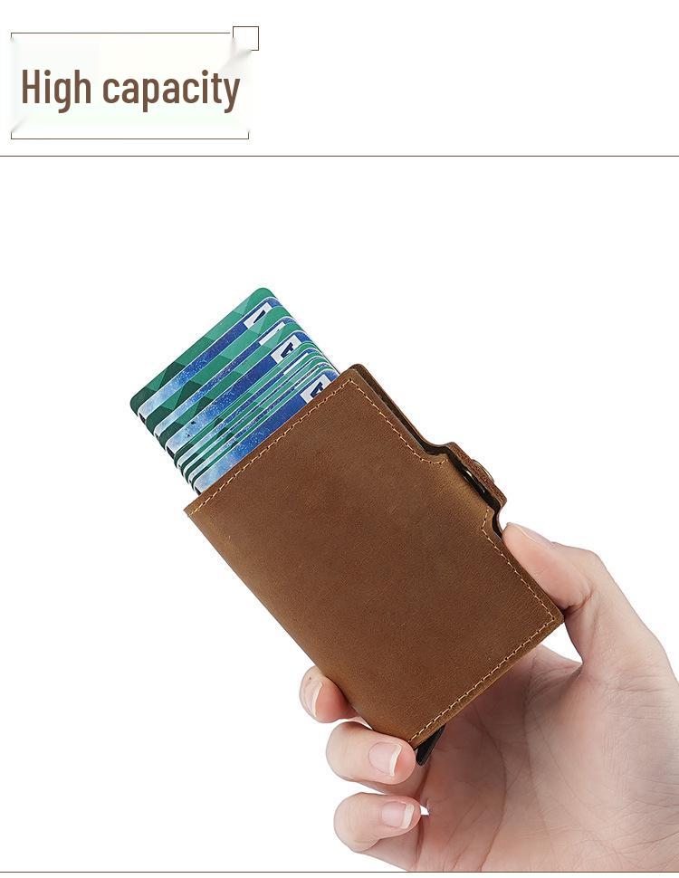 Vintage 2025 Men's Double-Layer Crazy Horse Leather Card Holder with Push-Button Pop-Up and Aluminum Clip