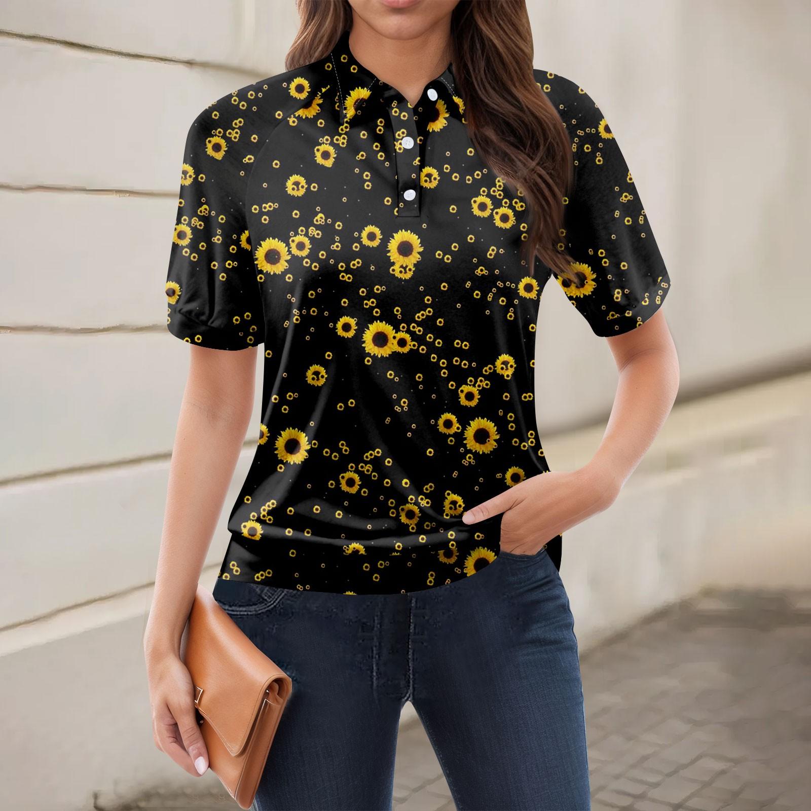 

Жіноча повсякденна футболка з V-подібним вирізом і короткими рукавами з квітковим принтом і декоративними ґудзиками L чорний
