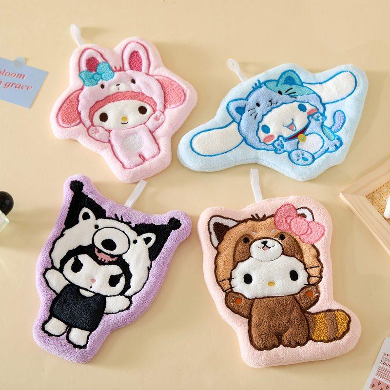 Kawaii Kitty Cinnamoroll Cartoon Hanging Hand Towel Absorbent Thickened Wipe Cloth Kuromi Melody Bathroom Kitchen Household Gift