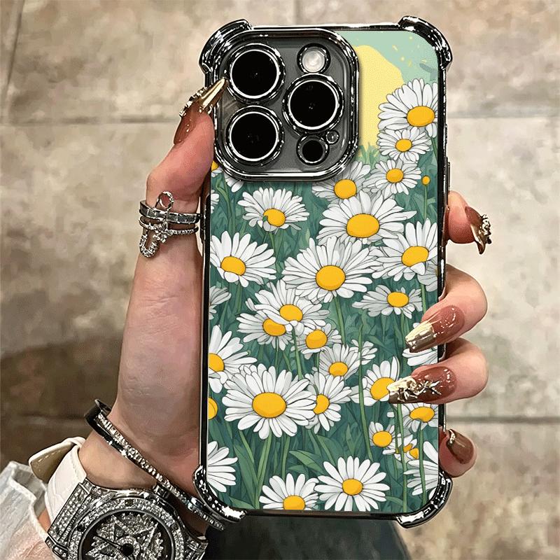 Daisy Flowers Aesthetics Plating Phone Case For Iphone 16 17 Pro Max Air 16E 14 15 Plus 12 13 Mini Anti-Fall Airabag Cover