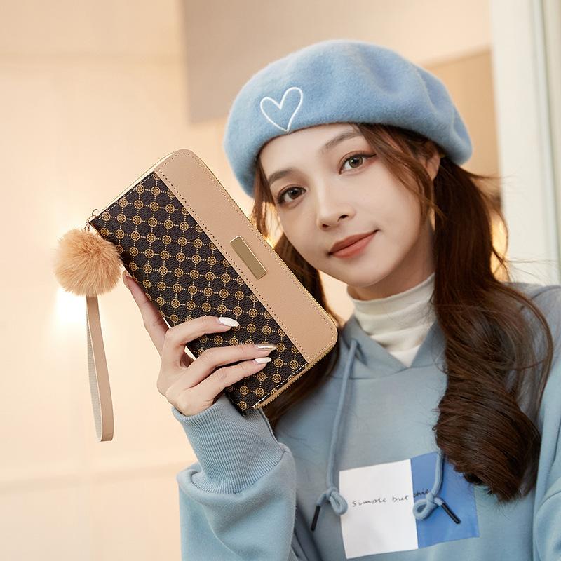 Women's Long Double layer Color blocking Wallet Summer New Personalized Hair Ball Multi card Clutch