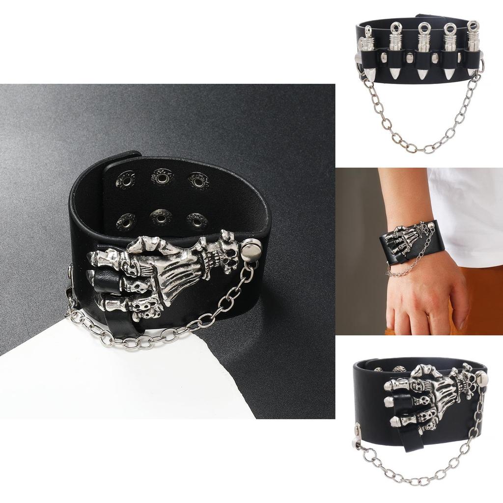 Gothic Skeleton And Bullet Design Neutral Chain Leather Handpiece For Halloween Accessories Summer