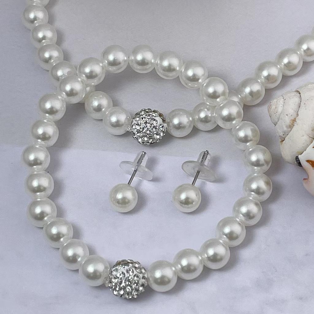 3-teiliges Set Imitationsperle Feuerball Halskette Armband Ohrstecker Schmuckset Silberfarbe Kristallstein Elegant Brautschmuck