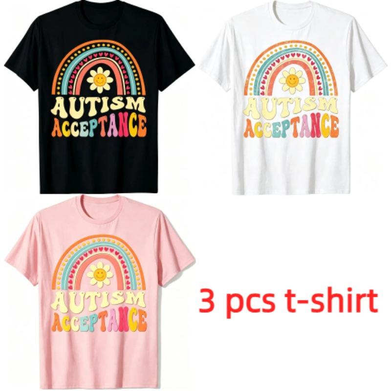 Fun Rainbow Bridge Letter Smile Flower Print Women's T-Shirts Summer Fashion Street Outdoor Casual T-shirt Tops for Men's and Women's Tees Top