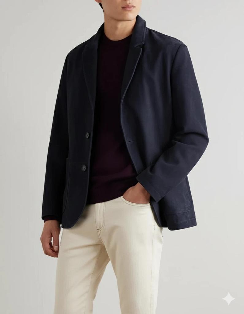 Navy Blue Stylish Men's Formal Suede Blazer Genuine Real Lambskin Leather Handmade