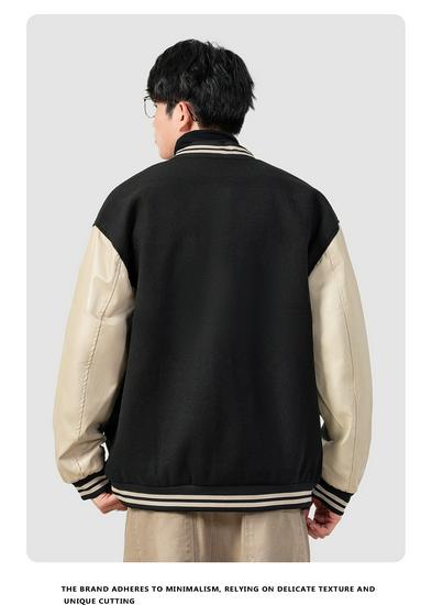 Men's Retro Patchwork PU Leather Baseball Jacket - Embroidered Casual Autumn/Winter Style