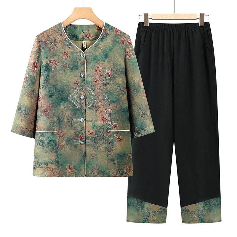 

New Tang Suit Mid-Sleeve Shirt & Two-Piece Set for 60-80 Year Old Women – Spring/Summer Collection 5XL (145-160 jin) зелёный