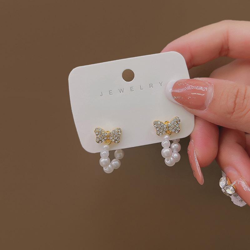 Temperament Pearl Two Earrings, Camellia Rose Bow Front And Rear Large Pearl Stud Earrings