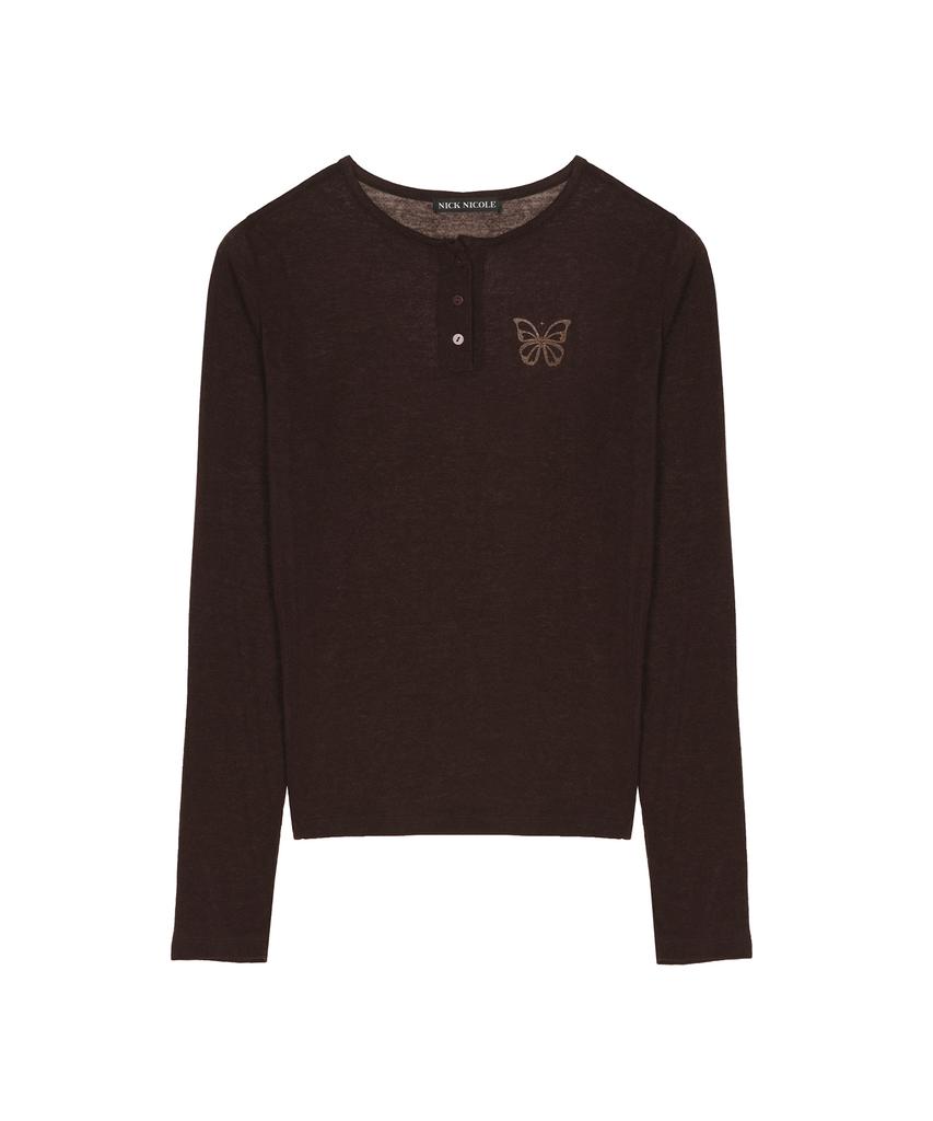 NICK&NICOLE Butterfly Henleyneck Sleeve Top_Brown