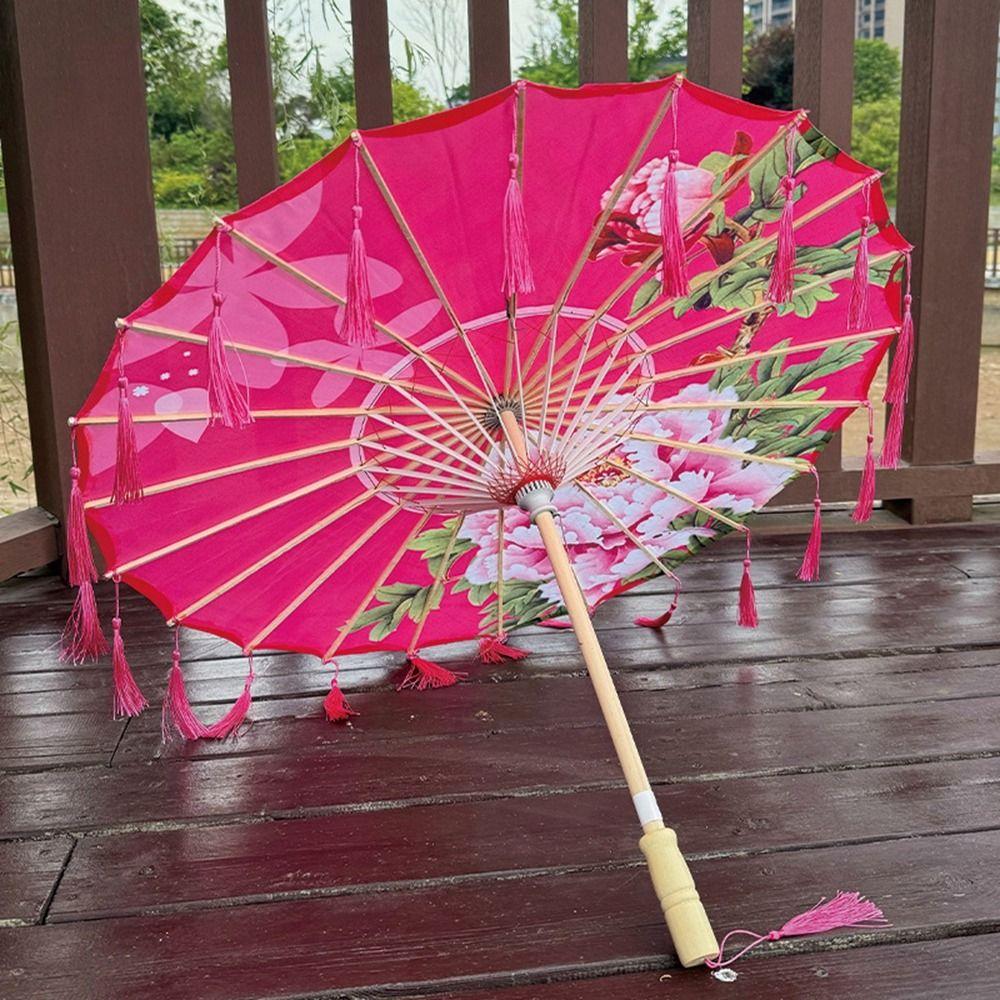 70cm Silk Fabric Tassel Umbrella Chinese Style Handheld Classical Oil Paper Umbrella Rainproof Decorative Tassel Umbrella