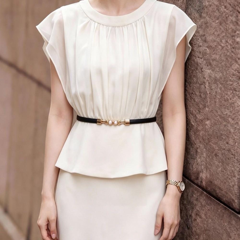 Adjustable Buckle Pearl Buckle Belt Solid Color Waist Chain New Thin Women Belt  for Jeans