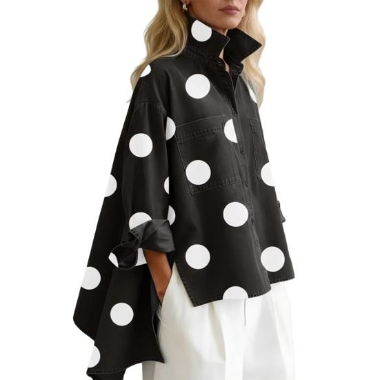 

Джинсовая рубашка в горошек для женщин Свободный крой Верх на пуговицах с нагрудными карманами Повседневная верхняя одежда оверсайз Модная трендовая рубашка Весна Лето S чёрный