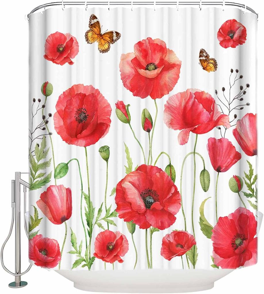 Green Shower Curtain for Bathroom, Eucalyptus Leaf Greenery Leaves Floral Watercolor Shower Curtain Set, Waterproof Polyester