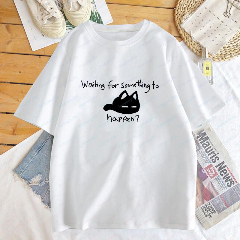 Kawaii Waiting for Something To Happen Omori Cat Graphic Tshirts Cats Lover Tops Harajuku Anime Unisex Tee Camisetas De Mujer
