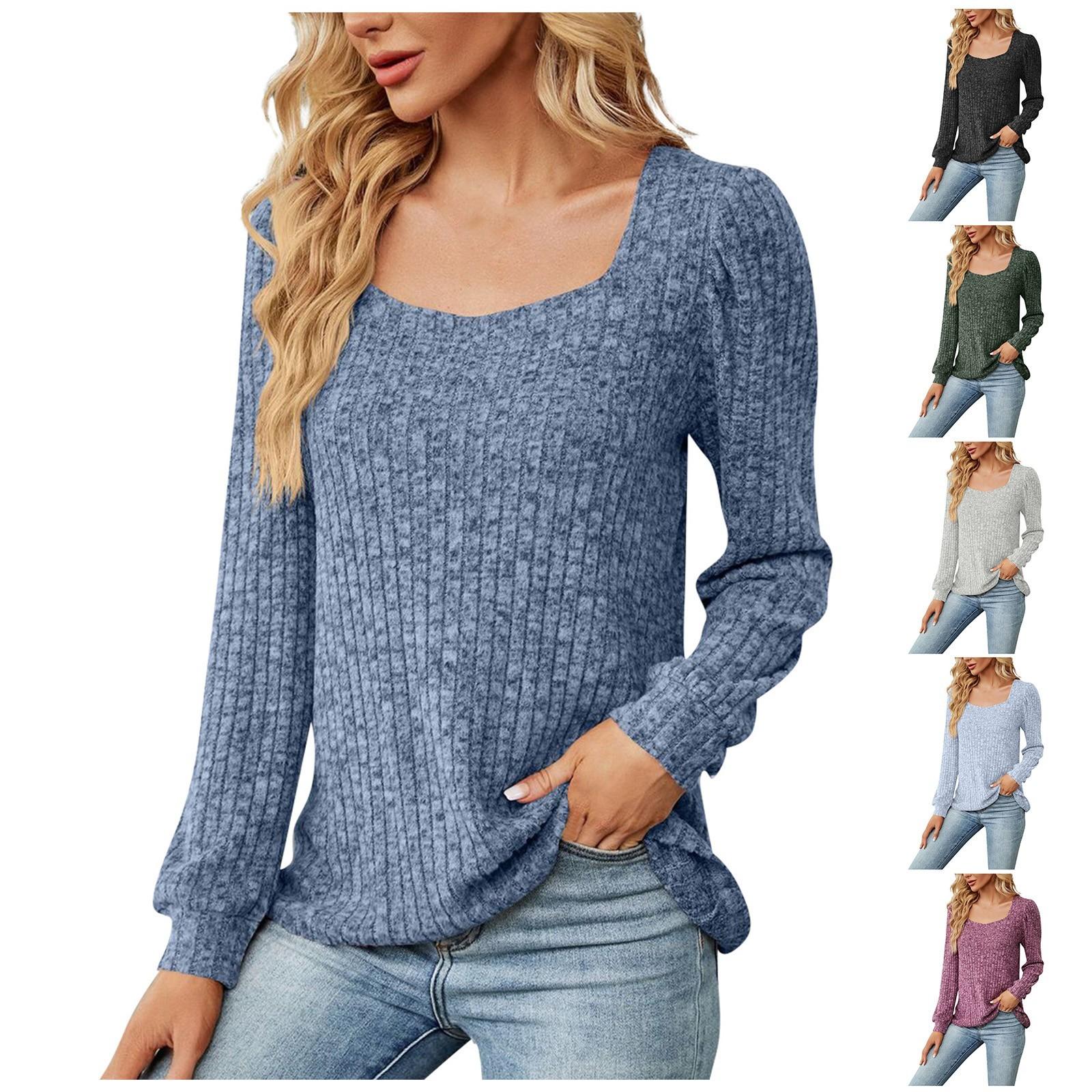 

Women s Fashionable Casual Solid Color Stripe Square Neck Loose Long Sleeved T-shirt Top L армія зелений колір