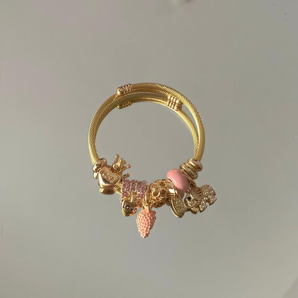 Braccialetto in Acciaio Inossidabile Elefante Fragola con Zirconia Cubica Per Regalo e Uso Quotidiano