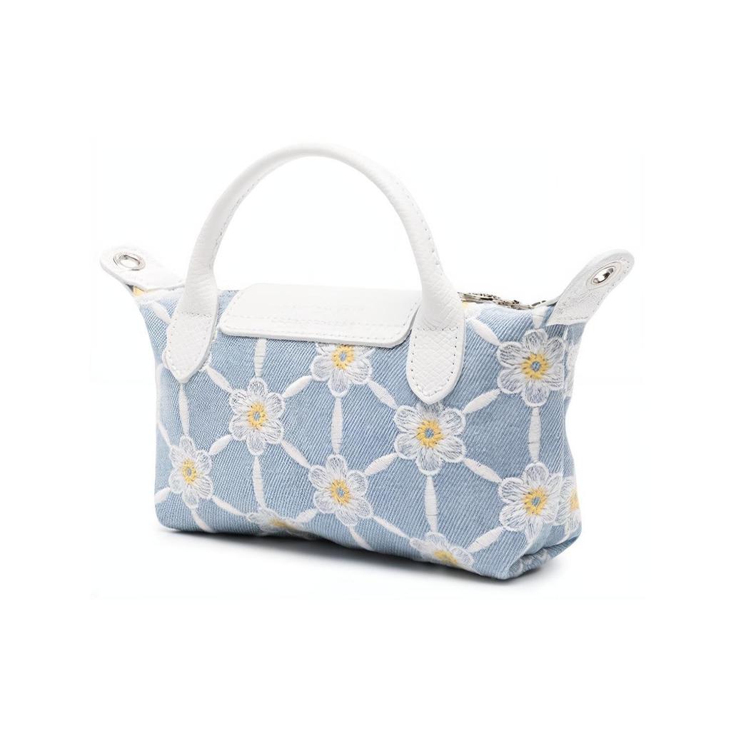 Longchamp Le Pliage Large Floral Embroidery Denim Shoulder Crossbody Tote Bag Women Bags Sky-Blue 34205HEW028