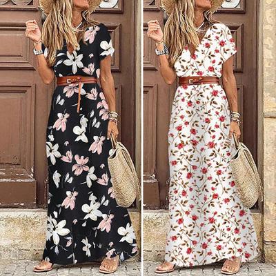 Damen Kleid Blumendruck Gürtel Frühling Sommer Bohemina A-Linie Maxi Kleid Strandbekleidung