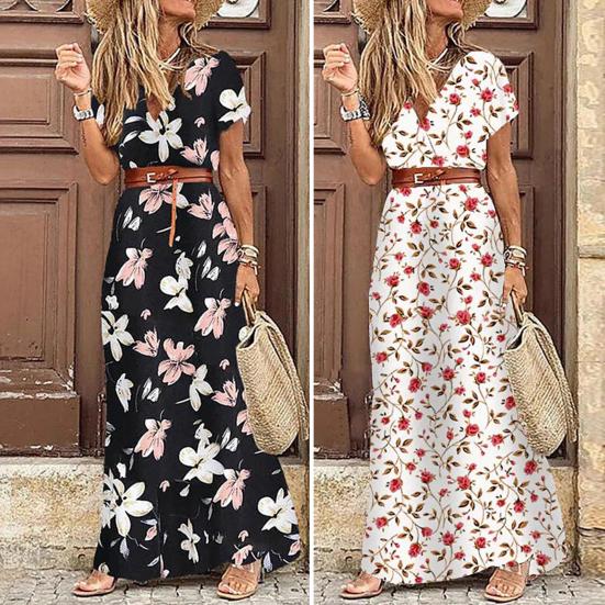 Damen Kleid Blumendruck Gürtel Frühling Sommer Bohemina A-Linie Maxi Kleid Strandbekleidung