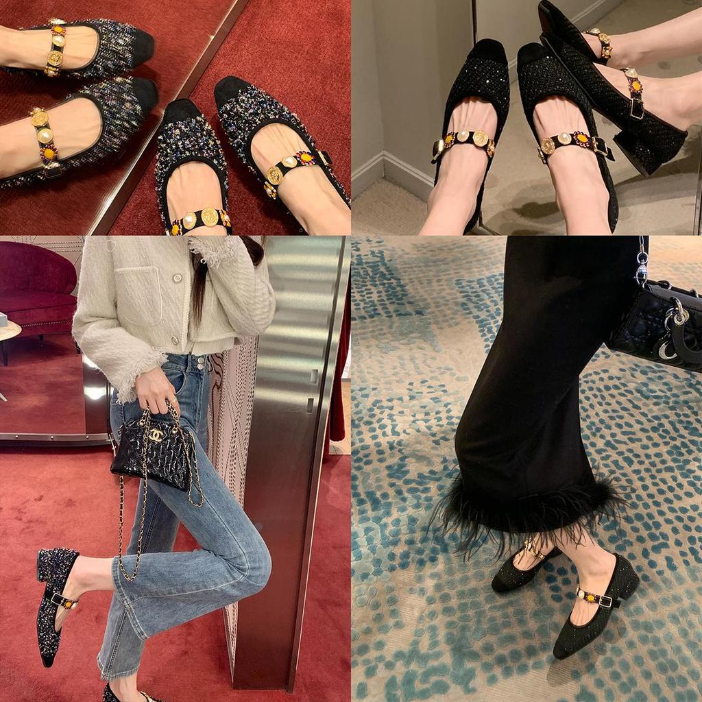 Sheepskin Grape Mother Same French Square Head Tweed Small Fragrant High Heels Badge Mary Jane Shoes Women's Shallow Mouth Single Shoes