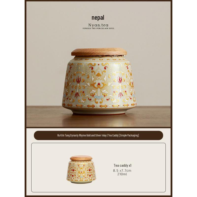 Compact Ceramic Tea Caddy: Gold & Silver Inlaid Ru Ware, Moisture-Proof Storage for Tea
