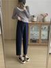 Women's 2024 Autumn Khaki Wide-Leg Suit Pants - Navy Blue, Loose, Straight, Nine-Point Length