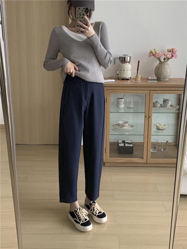 Women's 2024 Autumn Khaki Wide-Leg Suit Pants - Navy Blue, Loose, Straight, Nine-Point Length