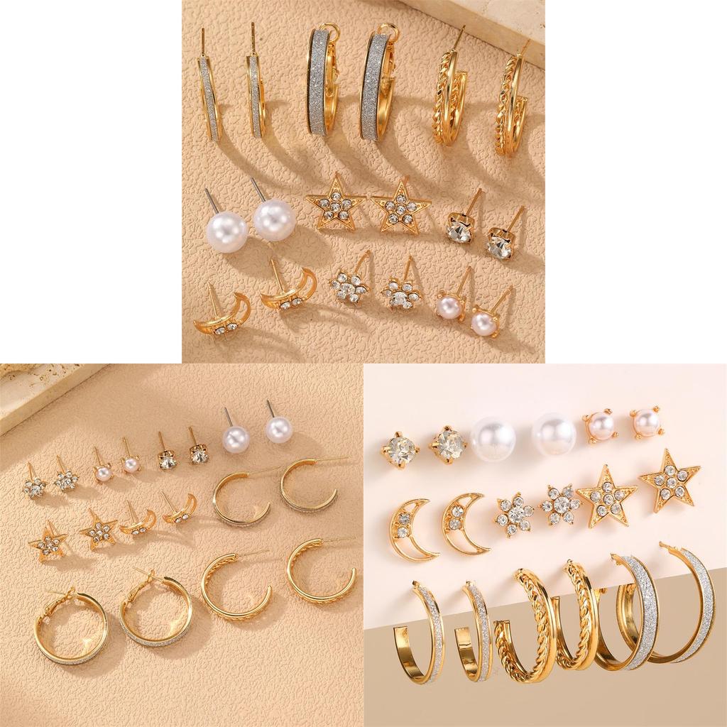 Gold Crown Star Moon Ear Studs Jewelry For Women With Floral Design