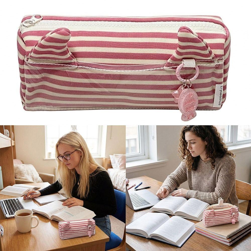 High Quality Pink Striped Pen Bag Cat Ear Design Large Capacity Stationery Pouch Zipper Closure Pencil Case Gift