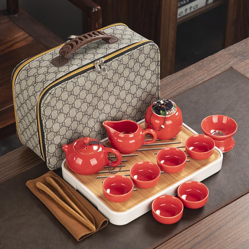 Travel ceramic Kung Fu tea set, tea tray, a full set of portable storage bags, practical business gifts for customers