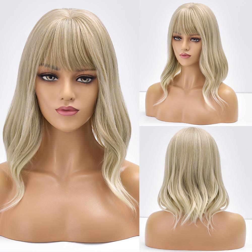 Ombre Blonde Short Bob Synthetic Wig For Women With Bangs White Gold Body Wave Cosplay Lolita Natural Heat Resistant Hair