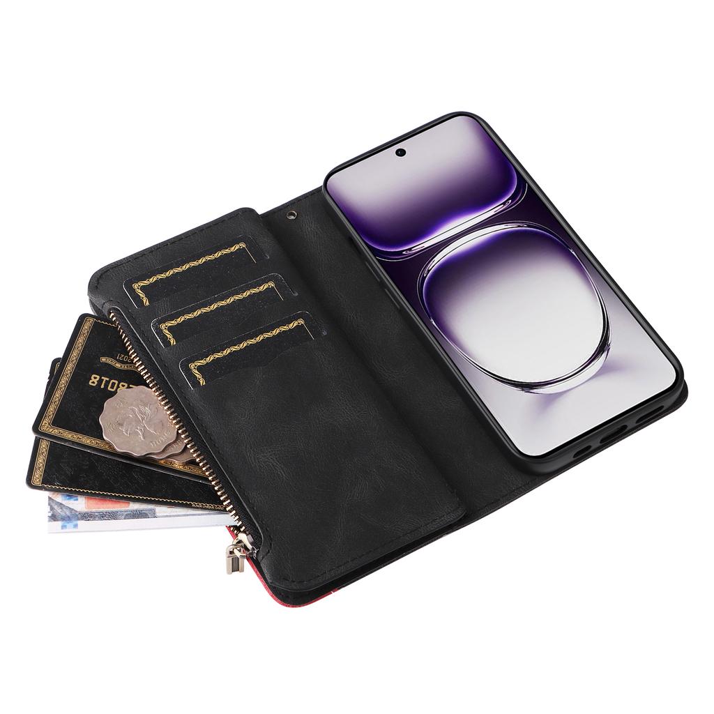 For Oppo Reno12 5G (Global) Leather Case with Strap Zipper 9 Card Slot Phone Cover Stand