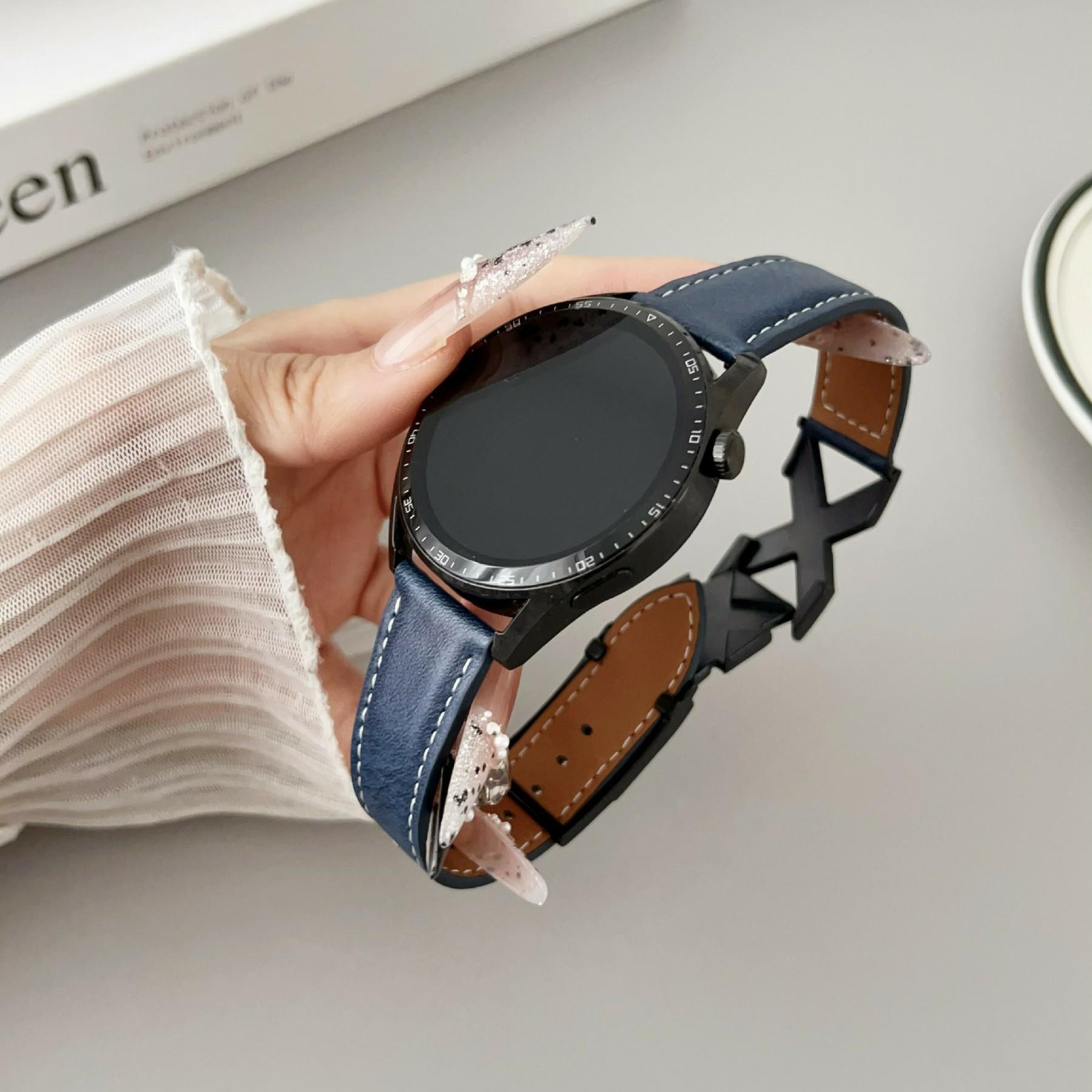 

Genuine Leather Watch Band For Samsung Galaxy Watch7/Watch6 Universal 20mm Strap with Magnetic Clasp X-Buckle Dark Blue