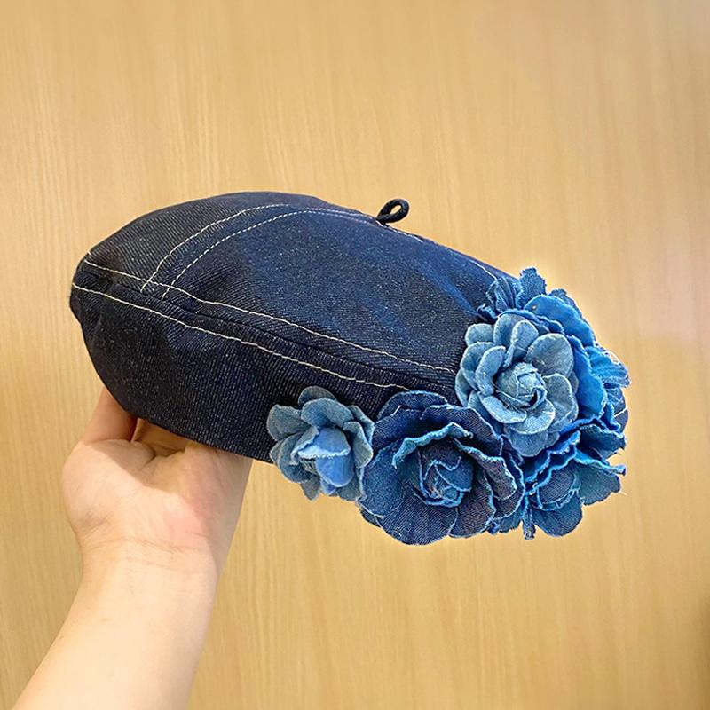 

1 шт. Женская винтажная синяя камелия элегантная модная джинсовая ткань кепка-берет художника