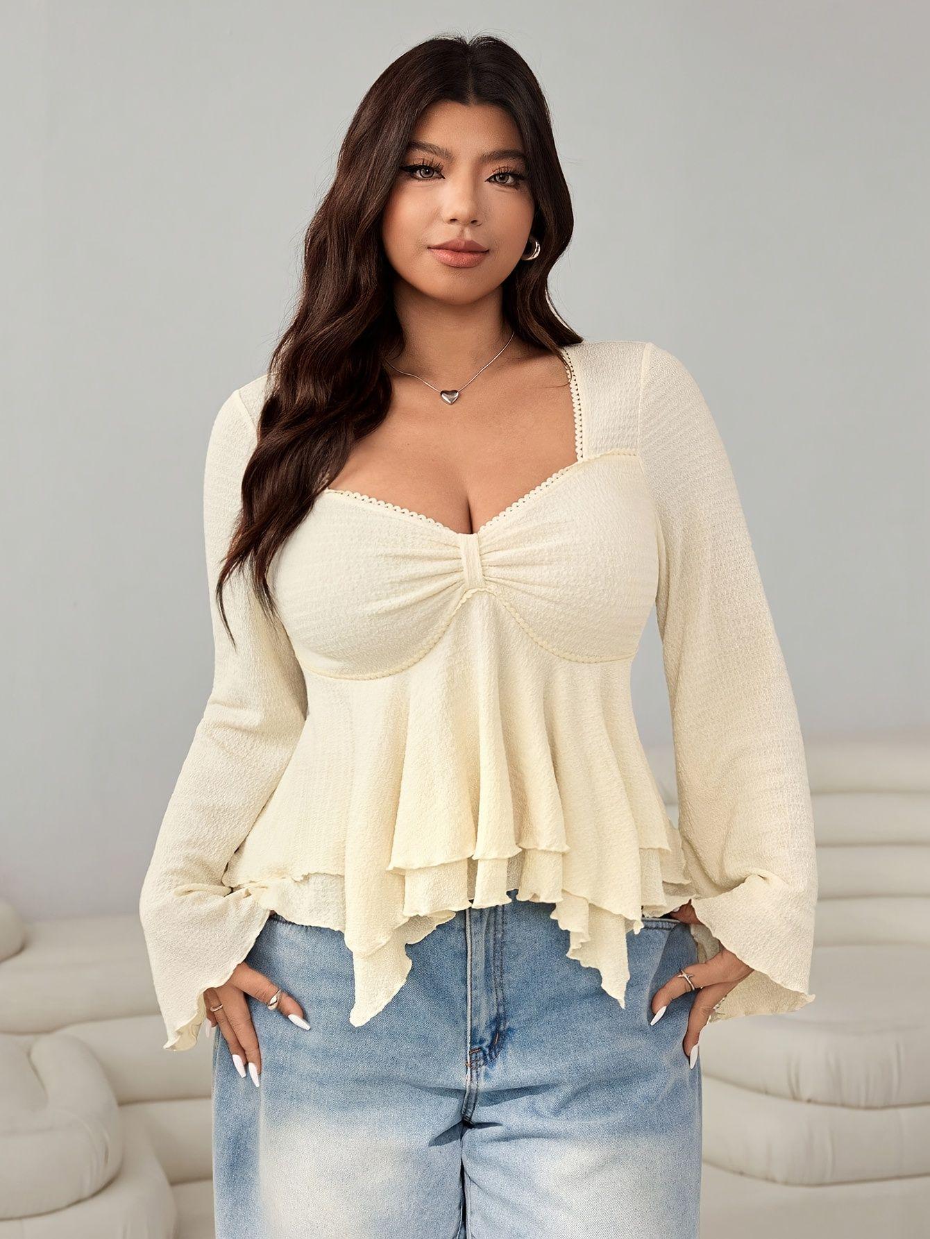 Spring 2026 French Square Neck Bow Long Sleeve Ruffled Hem Slimming Waist Top for Women 4XL грязно-белый