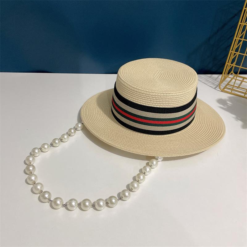 New Fedoras Women's Hat Flat Top Cap French Elegant Straw Hat Fedora Pearl Chain Hat Travel Beach Hat Panama Wide Brim Hat
