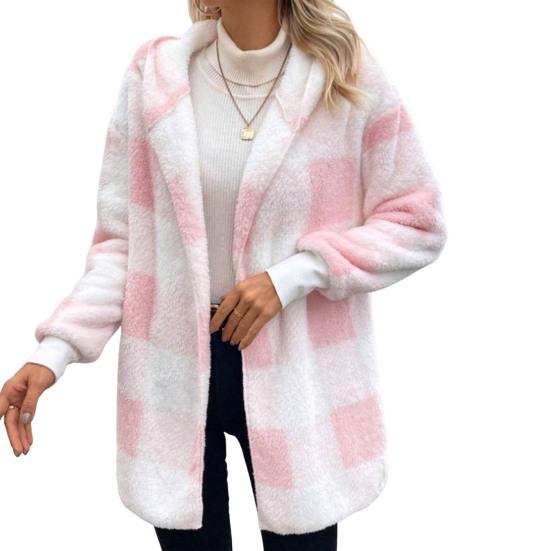 Cappotto Invernale da Donna Colore a Contrasto Stampa a Quadri Velluto Spesso Double-Face con Cappuccio Punto Aperto Polsini Elasticizzati Largo Tenere Caldo Soprabito